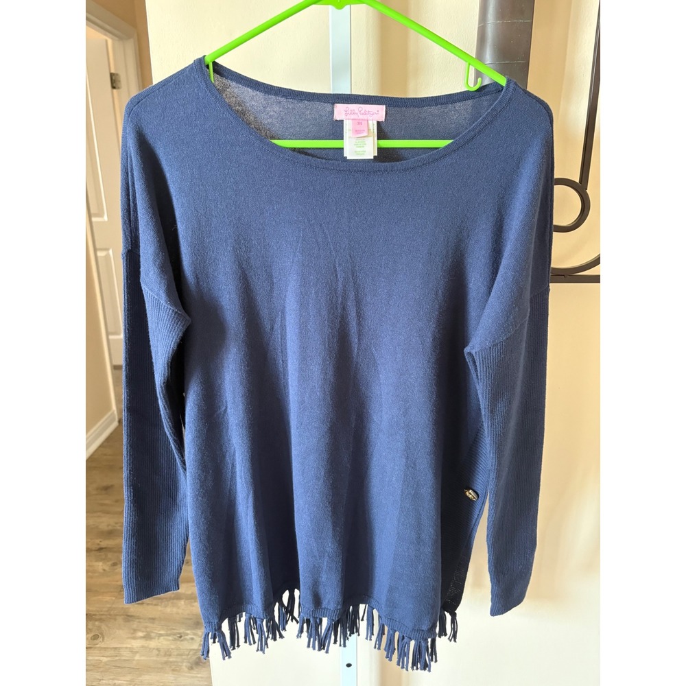 Lilly Pulitzer Navy Blue Coolmax Cotton Blend Fringe Hem Button Sweater XS